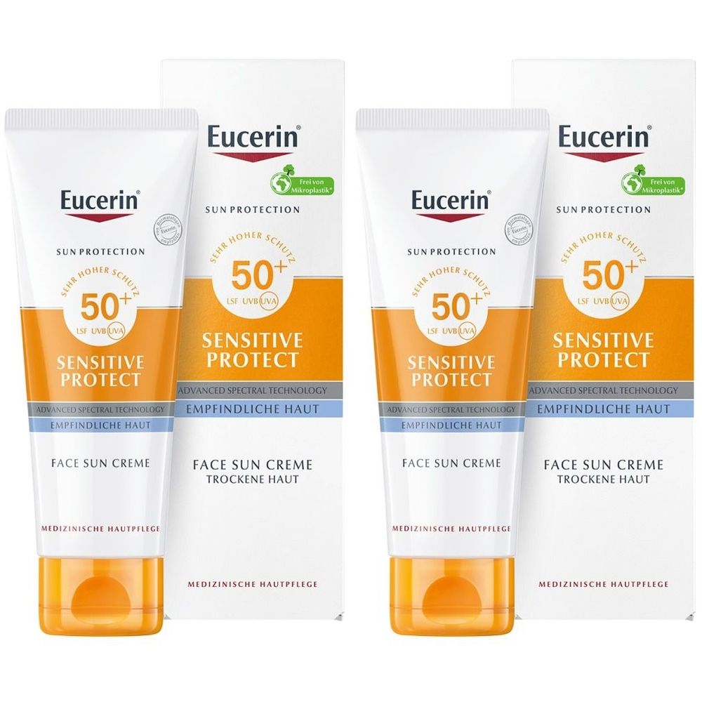 Zwei Tuben und zwei Kartons. Auf den Tuben steht "Eucerin", "Sensitive Protect", "LSF 50+". Auf den Kartons steht "Eucerin" und "Sonnenschutz".