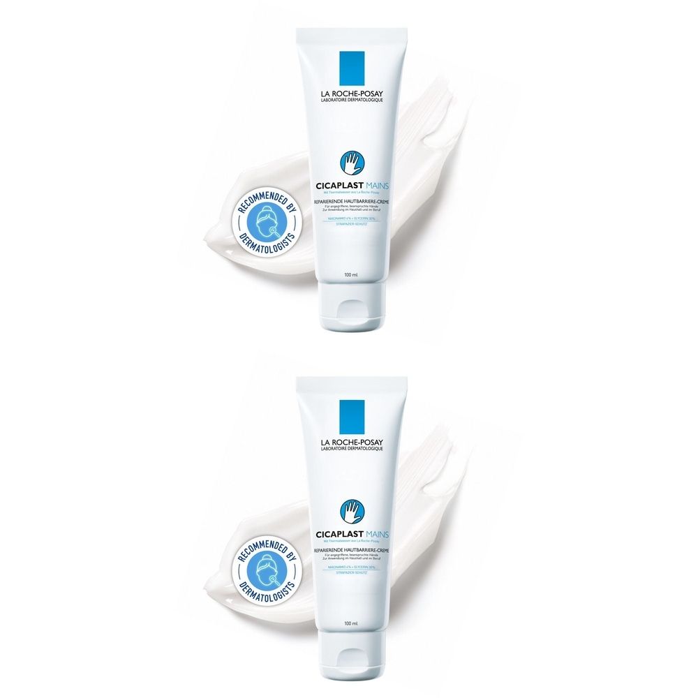 Zwei Tuben Handcreme mit blauem Logo und weißem Hintergrund. Aufdruck: Cicaplast Hände. Empfohlen von Dermatologen.