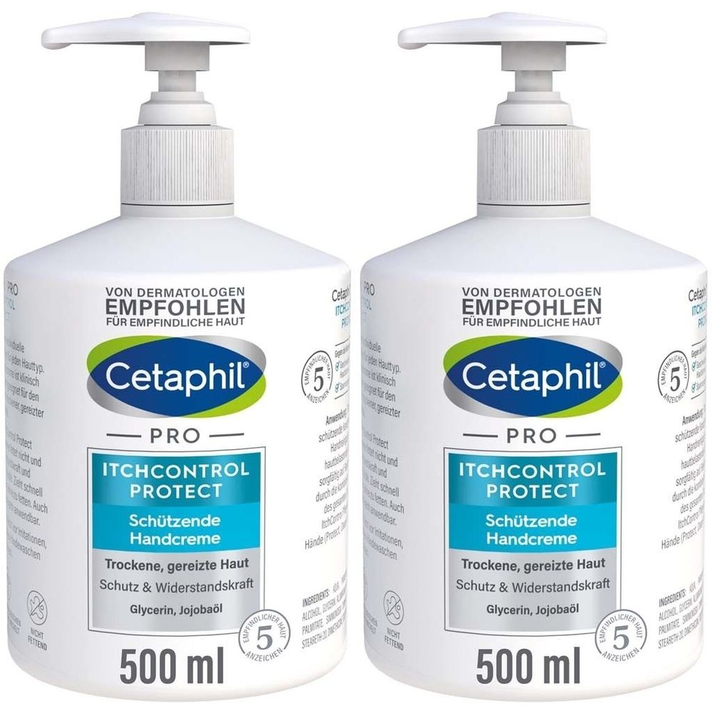 Zwei weiße Flaschen mit Pumpverschluss. Aufschrift: Cetaphil Pro Itchcontrol Protect Schützende Handcreme. Empfohlen für empfindliche Haut.