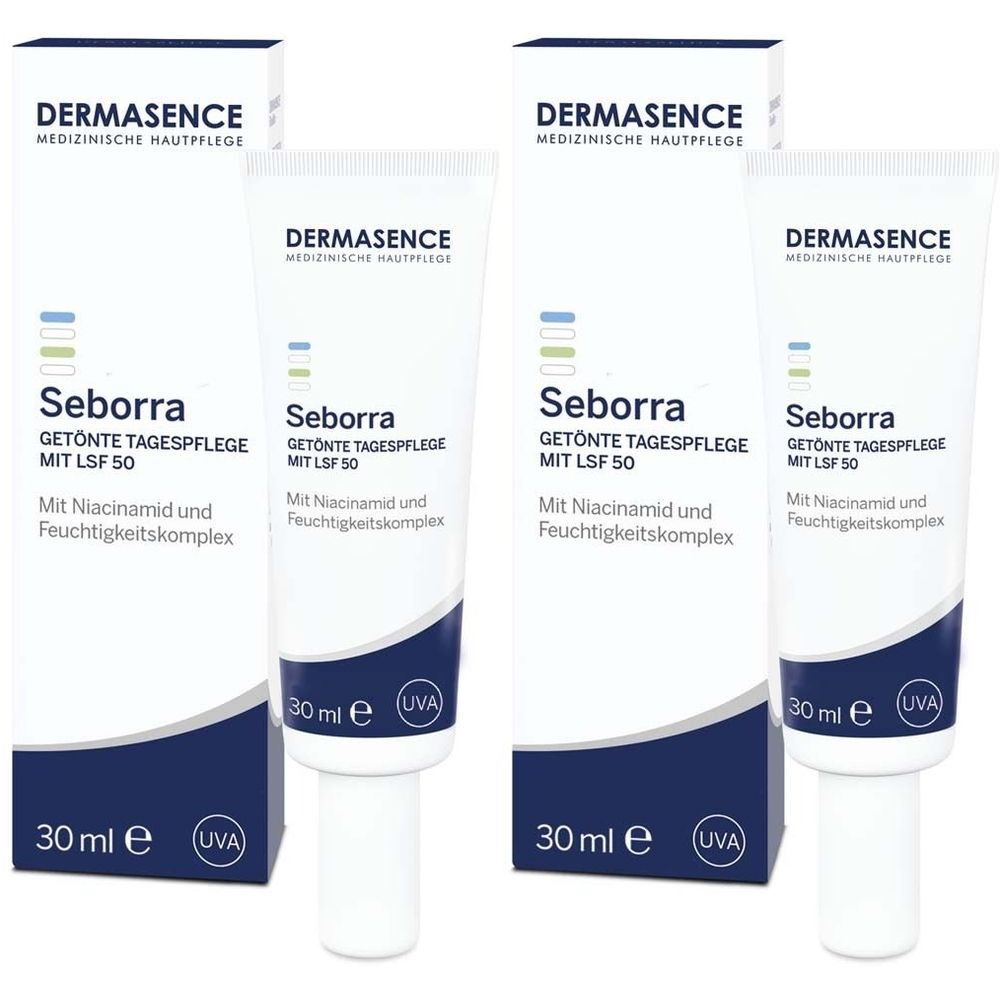 Mehrere Tuben und Verpackungen von DERMASENCE Seborra Getönte Tagespflege mit LSF 50. Aufschrift: 30 ml e, UVA.