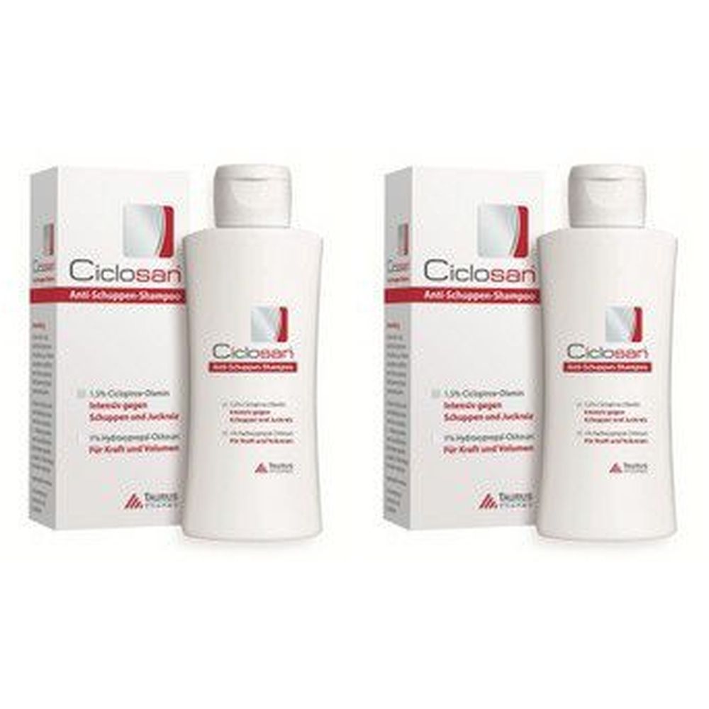 Zwei Flaschen und Verpackungen. Weißes Shampoo mit roter Schrift. Aufschrift: Ciclosan Anti-Schuppen-Shampoo.