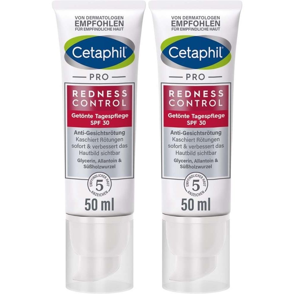Zwei Tuben Cetaphil Pro Redness Control getönte Tagespflege. Weiße Tuben mit roter und grüner Beschriftung. Enthält SPF 30. 50 ml.