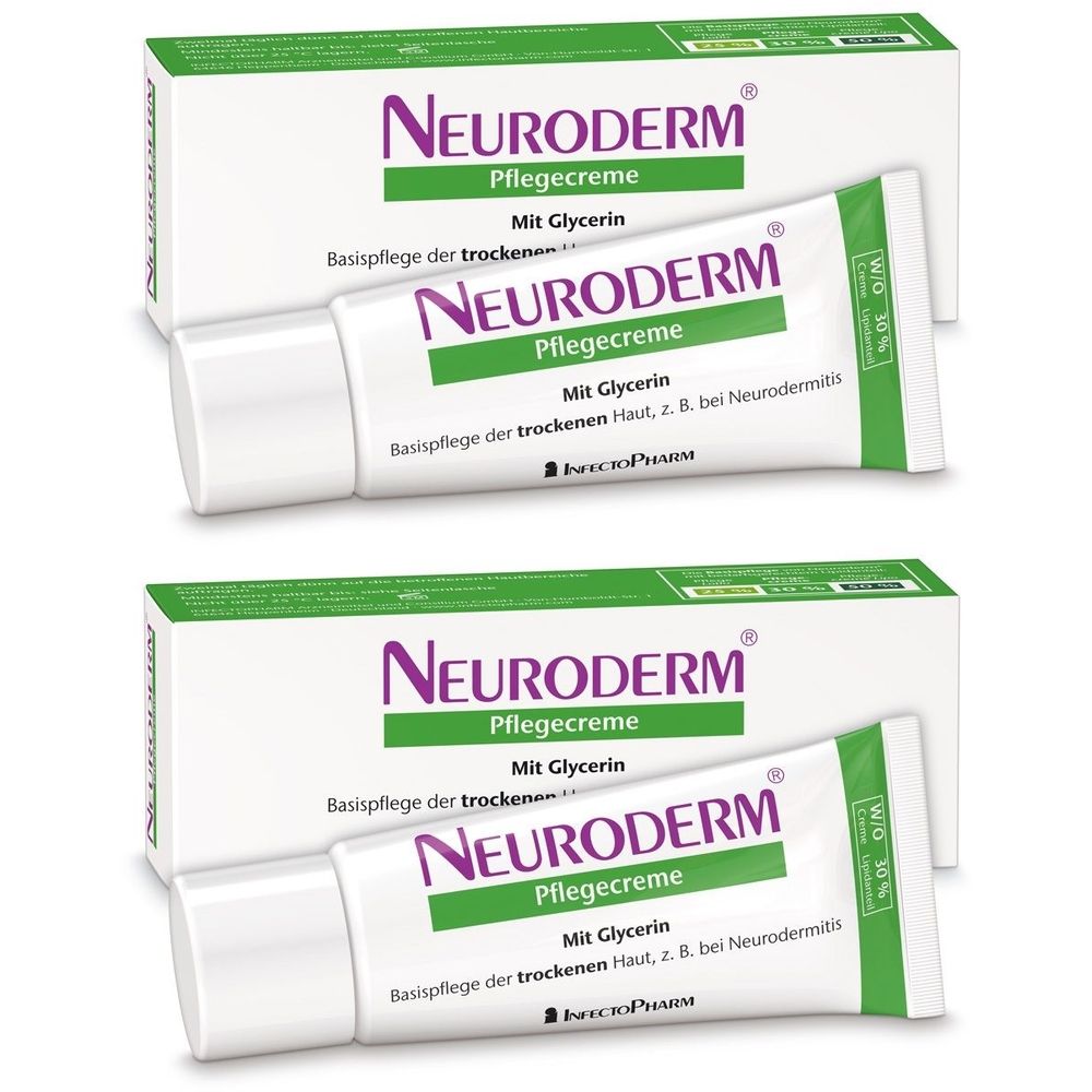 Zwei Tuben und zwei Kartons Neuroderm Pflegecreme. Aufschrift: Mit Glycerin, Basispflege der trockenen Haut.