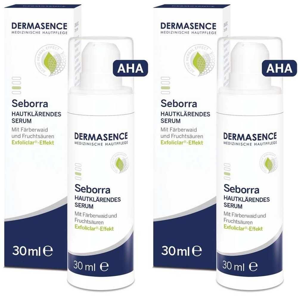 Zwei Flaschen DERMASENCE Seborra Hautklärendes Serum mit Verpackung. Aufschrift: AHA, 30ml e. Weiß-blaue Verpackung.