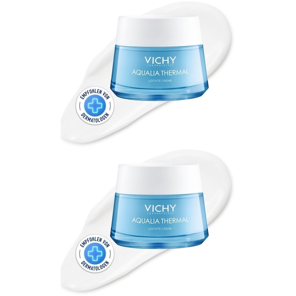 Zwei Tiegel Vichy Aqualia Thermal Leichte Creme auf weißem Untergrund. Empfohlen von Dermatologen.