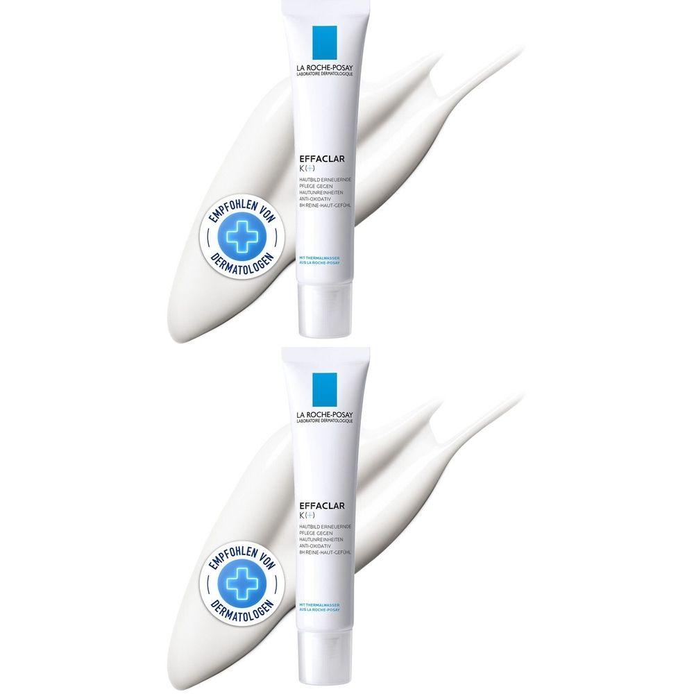 Zwei Tuben mit weißer Creme. Auf jeder Tube steht "EFFACLAR K (+)" und "La Roche-Posay". Ein blaues Quadrat ist sichtbar. Ein Logo mit Kreuz.