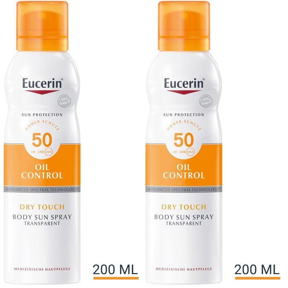 Zwei weiße Sprühflaschen mit orangefarbenen Akzenten. Aufschrift: Eucerin, 50, Oil Control, Dry Touch, Body Sun Spray, Transparent. 200 ml.