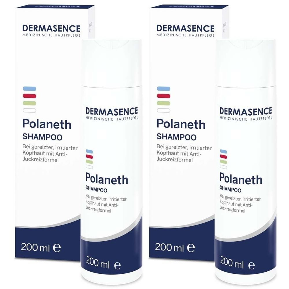 Mehrere Flaschen und Kartons von Polaneth Shampoo. Weiß, blau und farbige Streifen. Text: DERMASENCE, Shampoo, 200 ml.