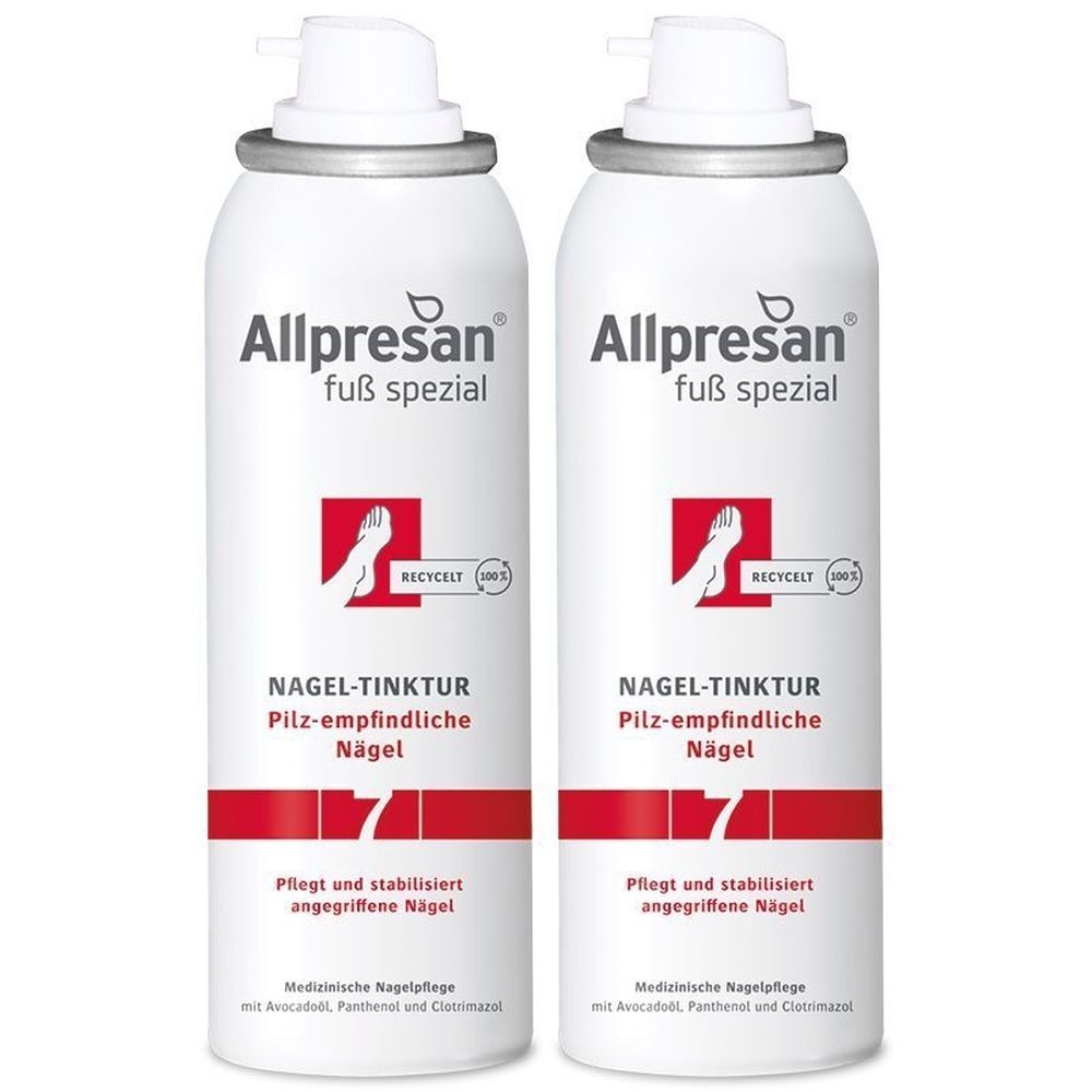 Zwei weiße Sprühdosen mit roter und schwarzer Beschriftung. Aufschrift: Allpresan Fuß spezial, Nageltinktur, Pilz-empfindliche Nägel.