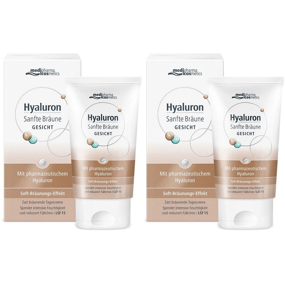 Zwei Tuben und zwei Faltschachteln. Aufschrift: Hyaluron Sanfte Bräune Gesicht. Mit pharmazeutischem Hyaluron. Soft-Bräunungs-Effekt.