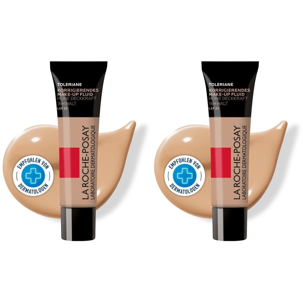 Zwei Tuben La Roche-Posay Toleriane Make-up Fluid. Beige Farbe, schwarzer Deckel, roter Streifen. Mit Produktflecken und Logo.