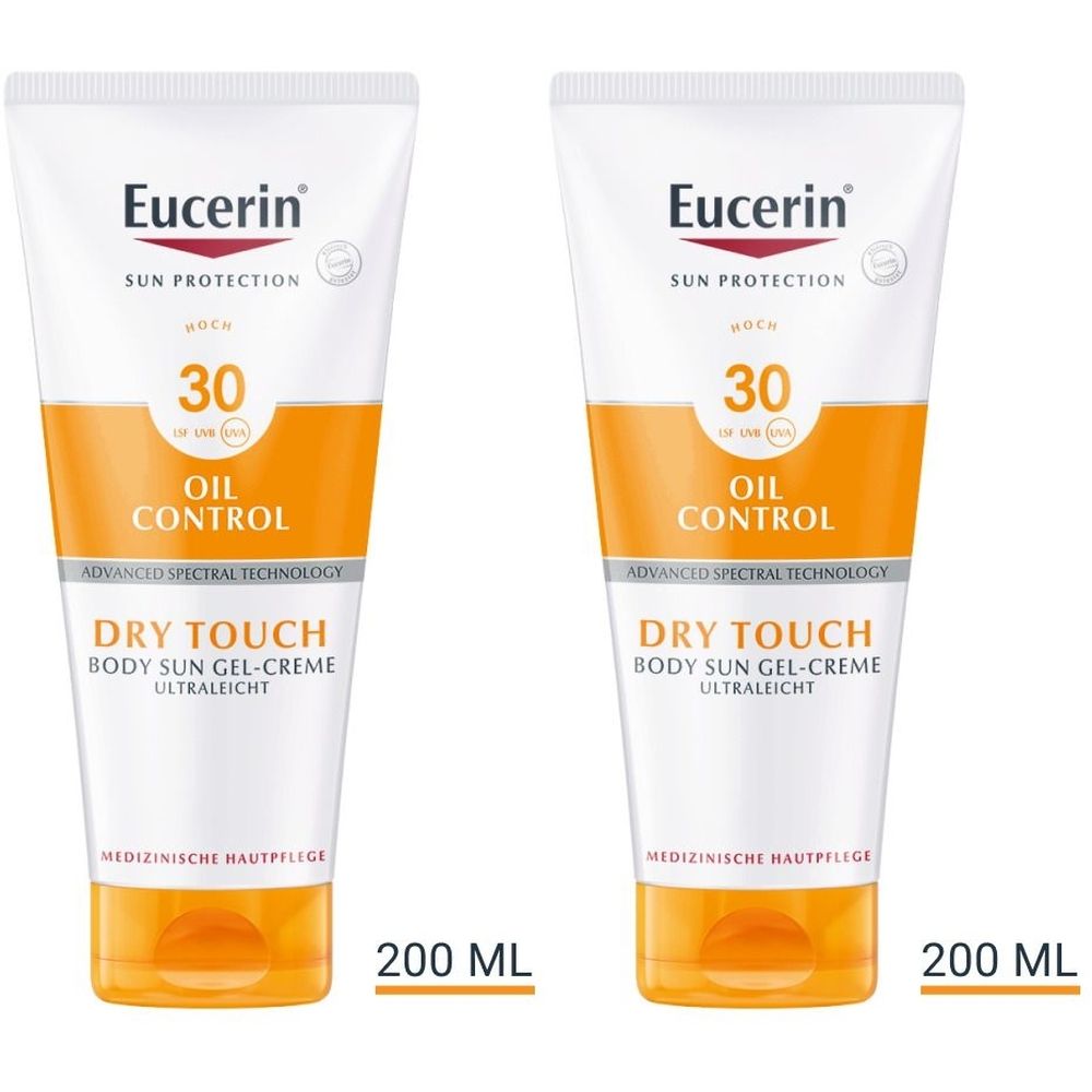 Zwei Tuben Sonnencreme. Weiß-orangefarbene Verpackung mit Produktnamen und LSF 30. Aufschrift: Oil Control, Dry Touch, 200 ml.