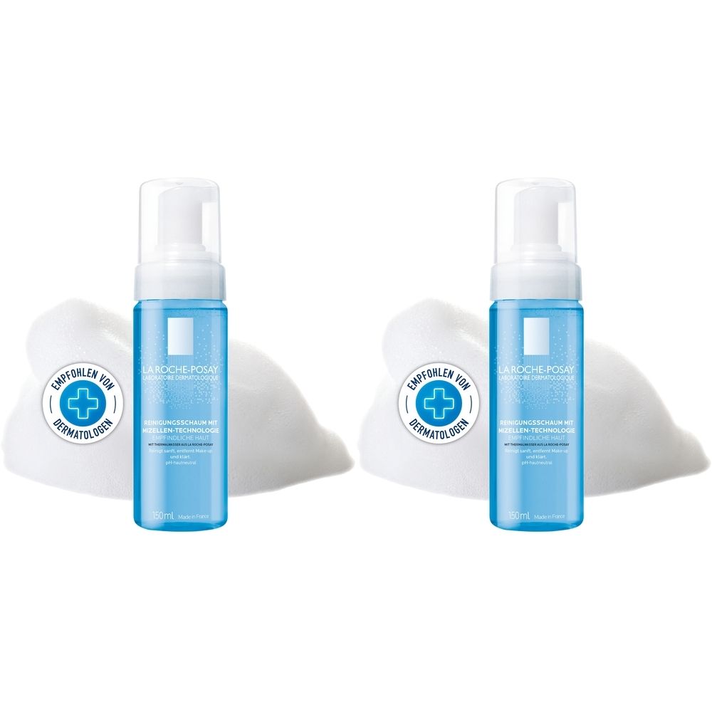Zwei blaue Flaschen mit weißem Pumpkopf. Daneben Schaum. Auf der Flasche steht "LA ROCHE-POSAY". Mit Siegel "Empfohlen von Dermatologen".