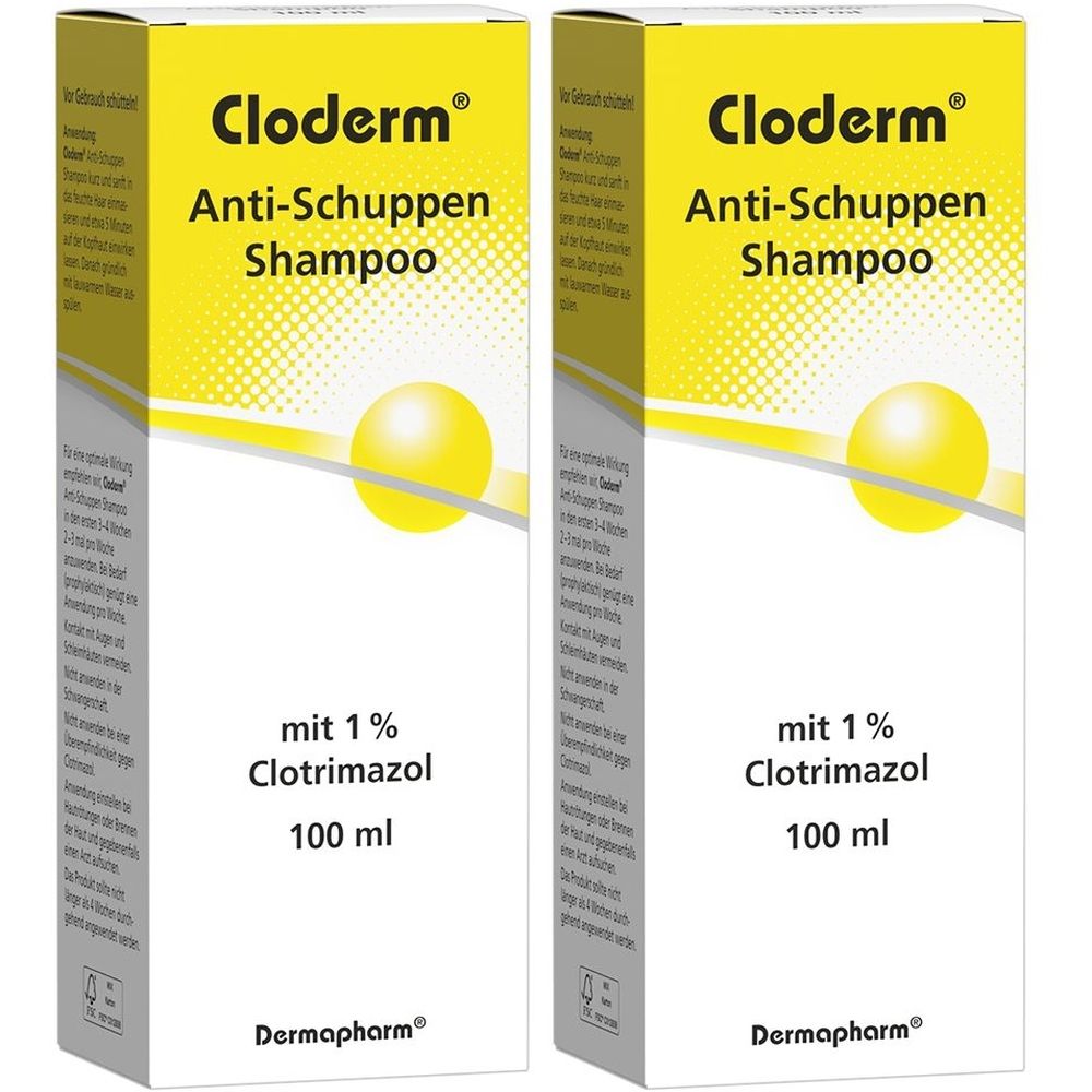 Zwei Schachteln Cloderm Anti-Schuppen Shampoo. Gelb-weiße Verpackung mit Produktnamen und Inhaltsangabe: 1% Clotrimazol.
