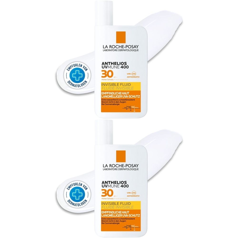 Zwei Flaschen La Roche-Posay Anthelios Invisible Fluid LSF 30. Weiße Flaschen mit orangefarbenen und schwarzen Texten. Dermatologisch getestet.
