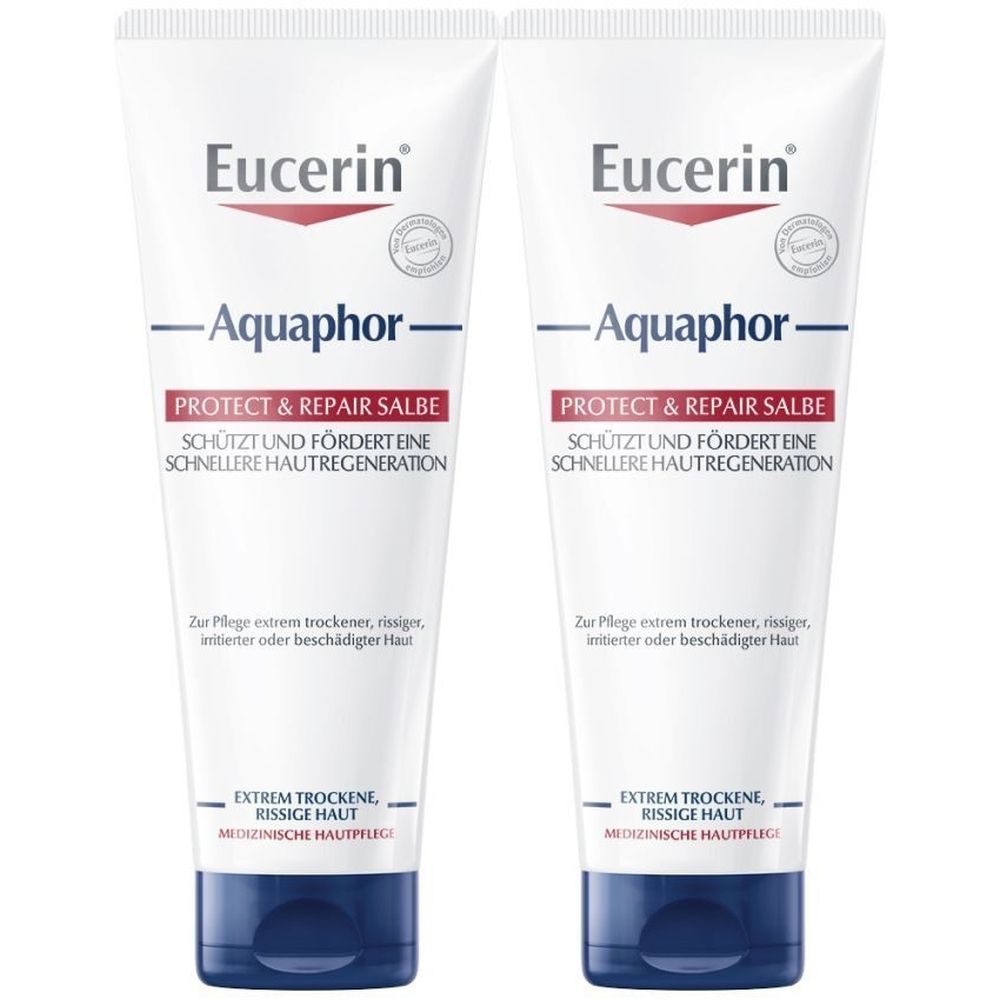 Zwei Tuben Eucerin Aquaphor Protect & Repair Salbe. Weiße Tuben mit blauen Deckeln. Text: Protect & Repair Salbe, für extrem trockene Haut.