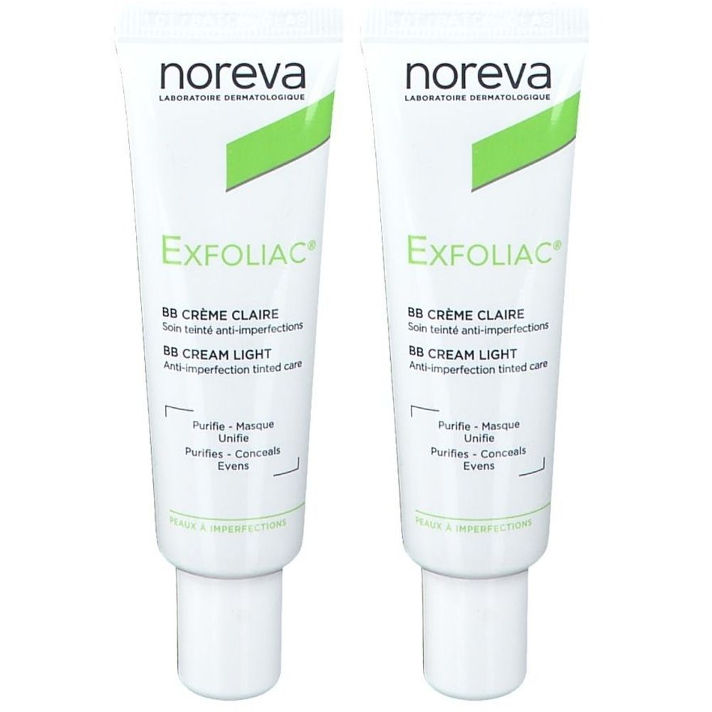 Zwei Tuben BB Cream Light. Weiße Tuben mit grünen Akzenten. Aufschrift: noreva, Exfoliac, BB Crème Claire, BB Cream Light.