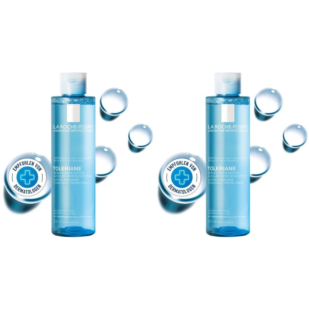 Zwei blaue Flaschen mit weißem Deckel. Aufschrift: La Roche-Posay, Toleriane. Rundes Logo mit Kreuz und Text: Empfohlen von Dermatologen.