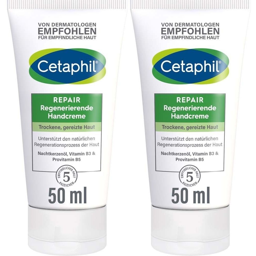 Zwei Tuben CETAPHIL Repair Handcreme. Weiße Tuben mit grünen und blauen Logos. Text: "REPAIR Regenerierende Handcreme". Für trockene, gereizte Haut.
