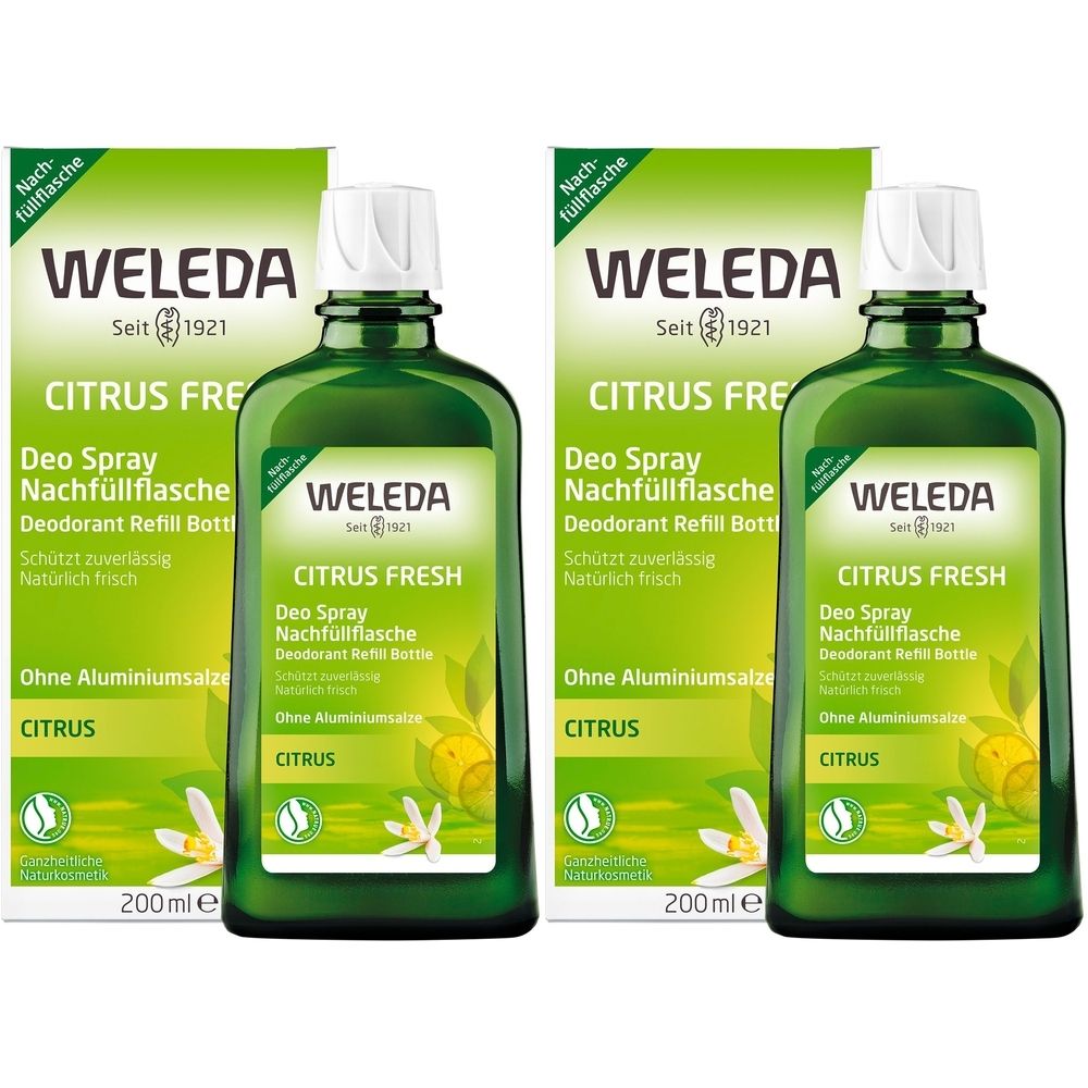 Zwei grüne Flaschen mit weißem Deckel und Karton. Aufschrift: Weleda Citrus Fresh Deo Spray. Ohne Aluminiumsalze.