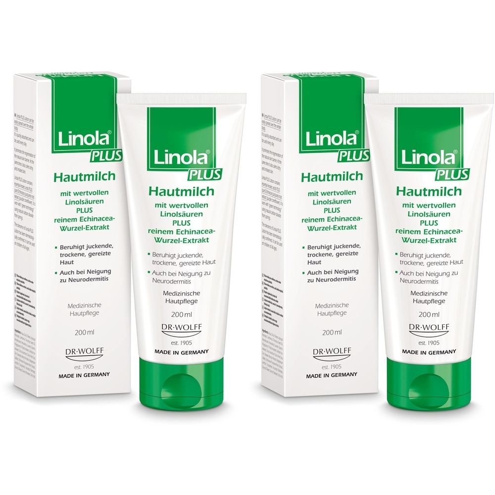 Mehrere Tuben und Kartons Linola PLUS Hautmilch. Weiße Tuben mit grünem Deckel und Schriftzug. Kartons mit grünem Akzent.