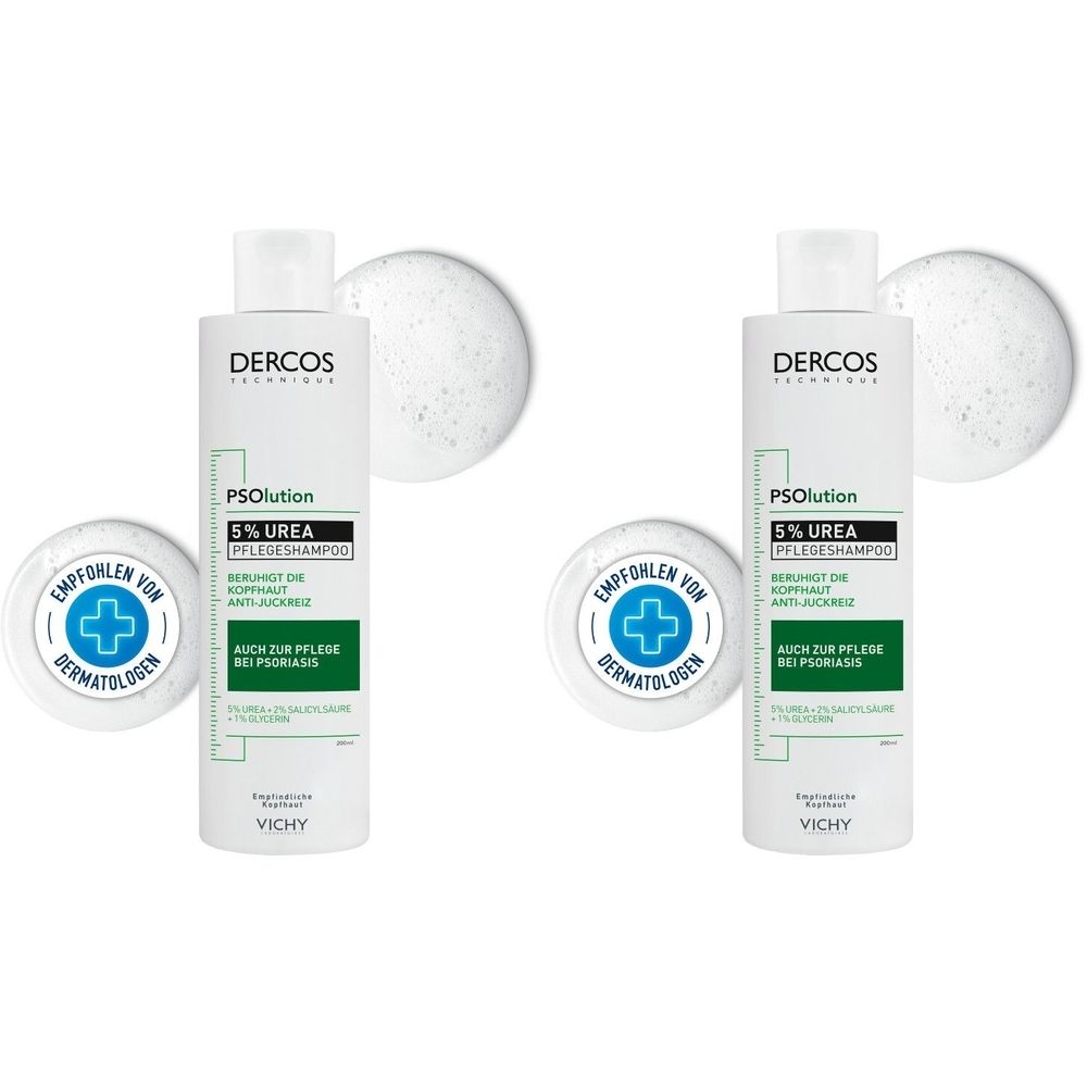 Zwei Flaschen Shampoo mit weißem Etikett, grünen Akzenten und der Aufschrift "5% UREA". Darunter das Logo "Empfohlen von Dermatologen".