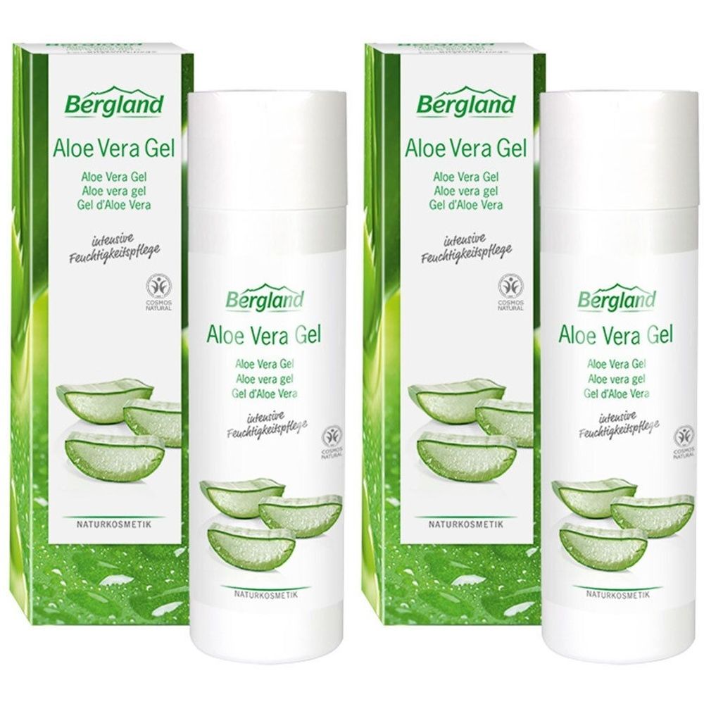 Aloe Vera Gel von Bergland. Weiße Flasche mit grüner Verpackung. Produktname und Aloe Vera-Scheiben abgebildet. Naturkosmetik-Siegel.