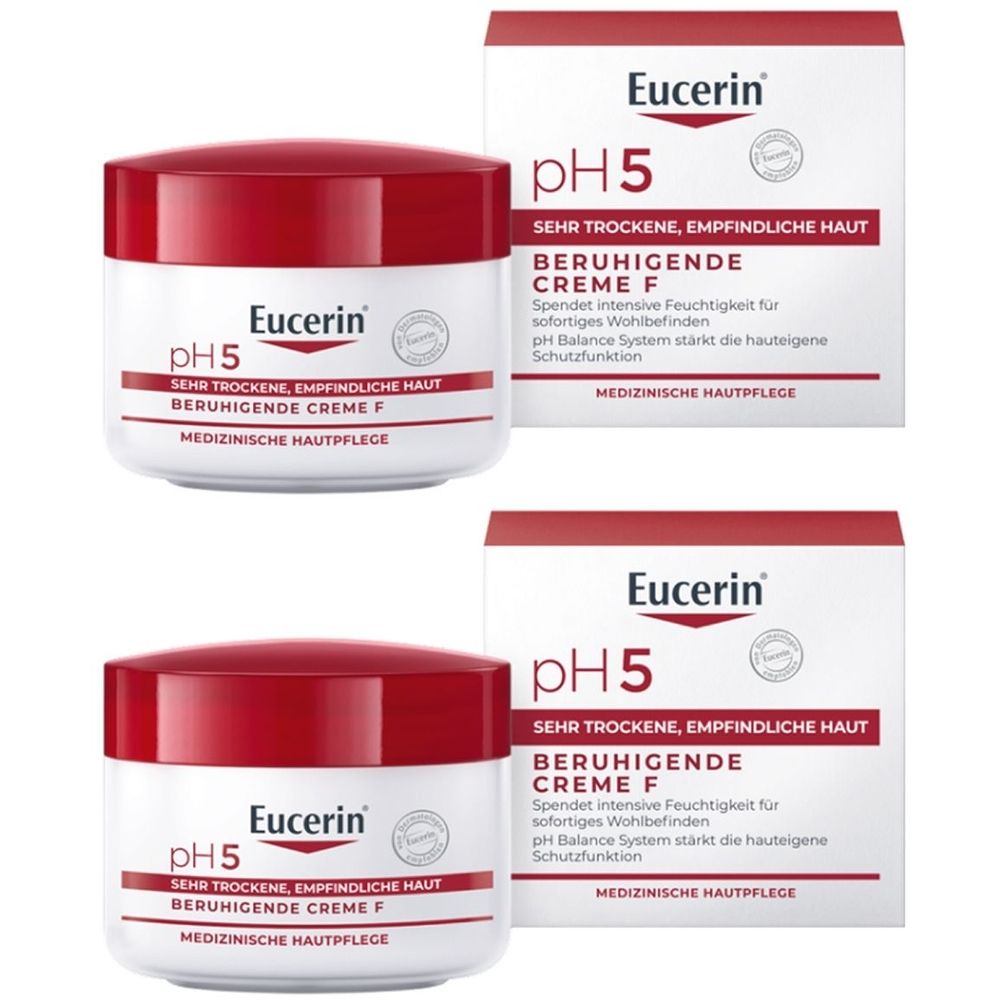 Zwei Cremetiegel mit rotem Deckel und Kartons. Aufschrift: Eucerin pH5, beruhigende Creme F. Medizinische Hautpflege.