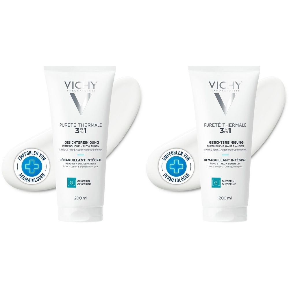 Zwei Tuben Gesichtsreinigung, weiß, mit blauer und weißer Beschriftung. Aufschrift: Vichy, Pureté Thermale 3in1, 200ml. Empfohlen von Dermatologen.