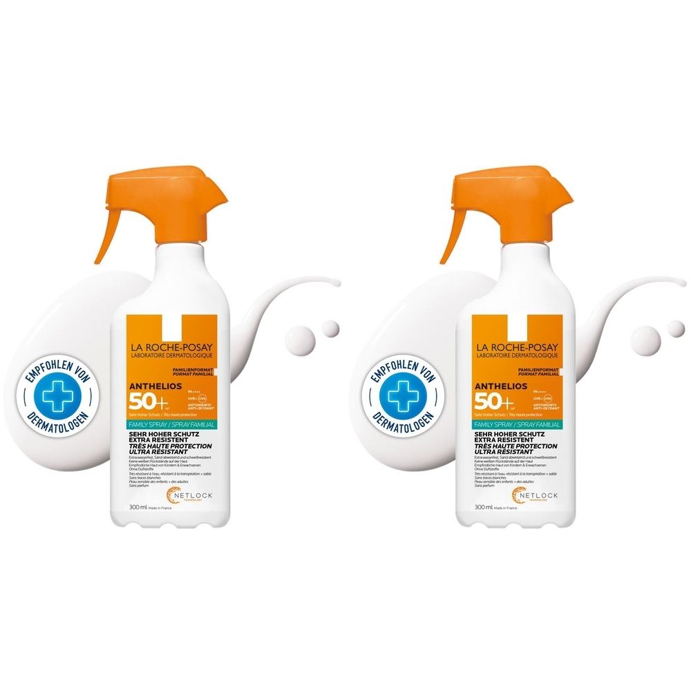 Zwei Flaschen La Roche Posay Anthelios Family Spray LSF 50+ mit orangefarbenem Sprühkopf. Dermatologisch getestet.