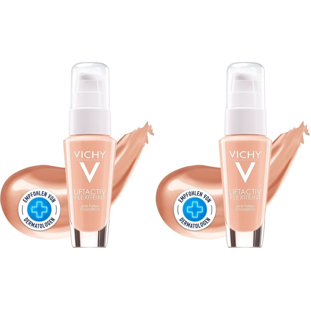 Zwei Flakons Vichy Liftactiv Flexiteint Sand 35. Beige Flüssigfoundation mit Pumpverschluss. Aufdrucke: Vichy, Liftactiv Flexiteint, Empfohlen von Dermatologen.