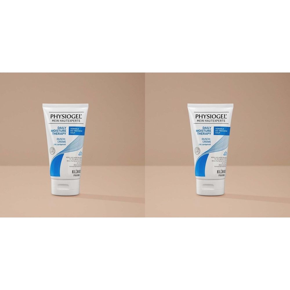Weiße Tube mit blauer und hellblauer Grafik. Aufschrift PHYSIOGEL, DAILY MOISTURE THERAPY, Dusch-Creme. Auf beigem Hintergrund.