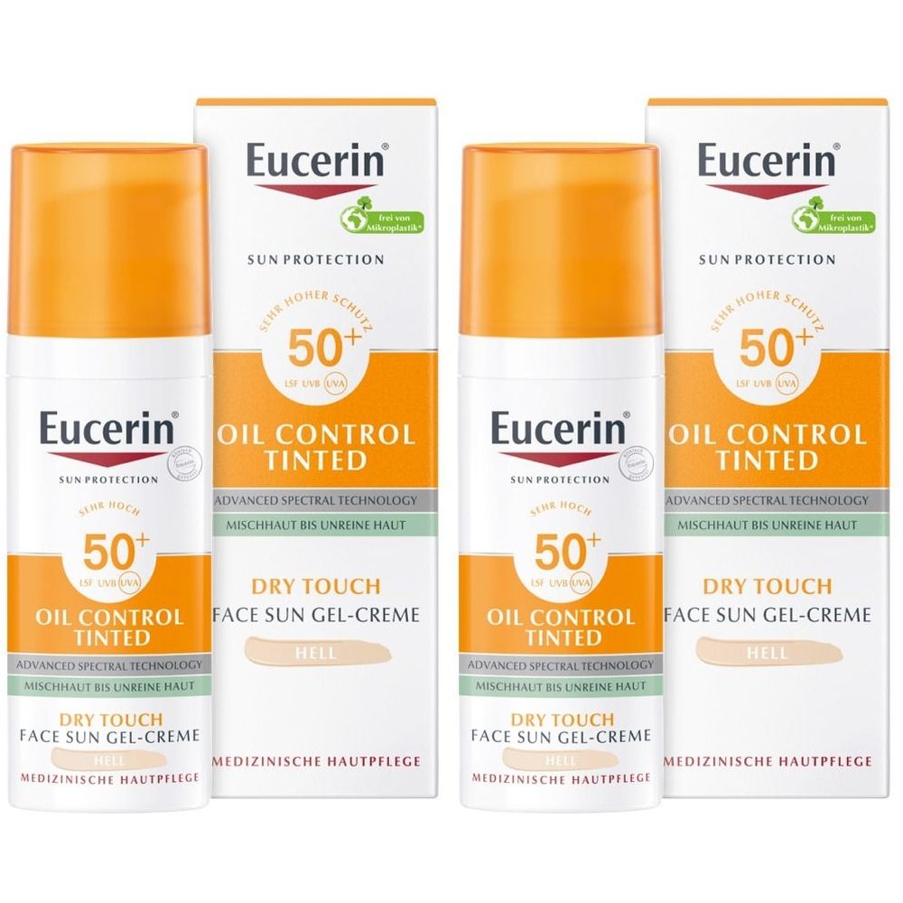 Vier Eucerin Sonnenschutzprodukte. Weiße Flaschen mit orangefarbenen Deckeln. Aufschrift: Oil Control Tinted, LSF 50+.