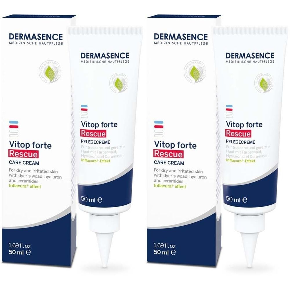 Mehrere Tuben und Verpackungen von DERMASENCE Vitop forte Rescue Pflegecreme. Weiße Tuben mit roter und blauer Schrift, 50 ml.