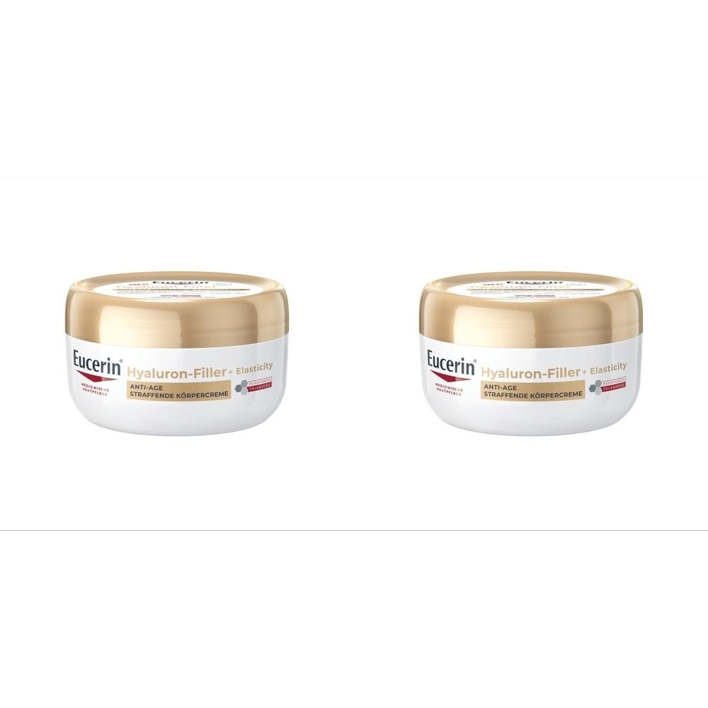Zwei Cremetiegel mit goldfarbenen Deckeln. Aufschrift: Eucerin Hyaluron-Filler + Elasticity. Anti-Age Straffende Körpercreme.