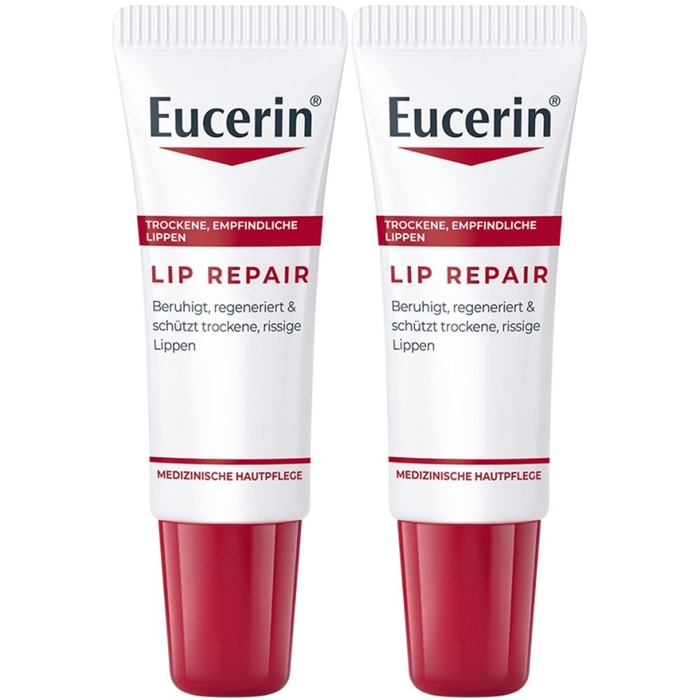 Zwei Tuben Eucerin Lip Repair. Weiße Tuben mit roter Schrift und rotem Verschluss. Aufschrift: Lip Repair, für trockene Lippen.