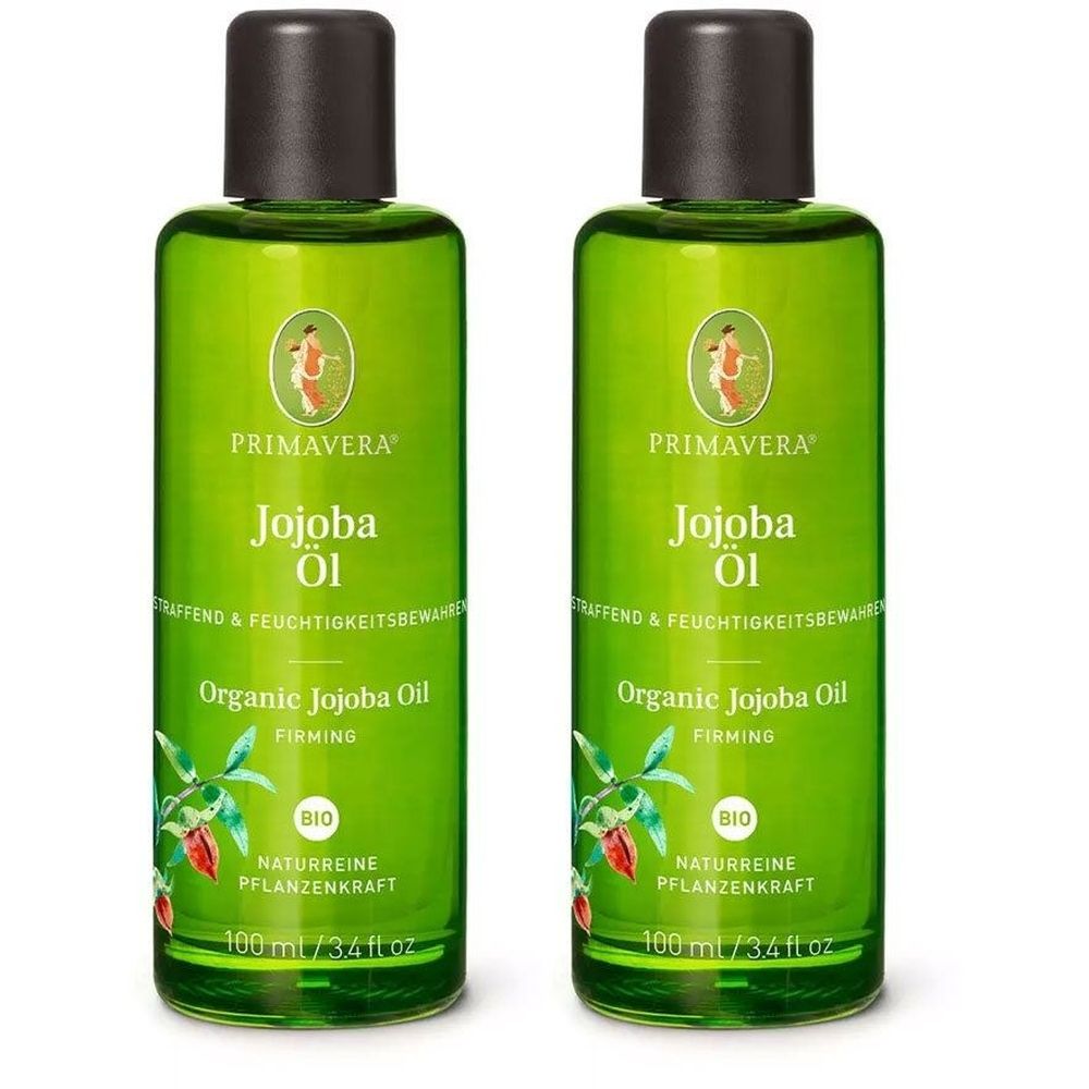 Zwei grüne Flaschen mit braunen Deckeln. Aufschrift: PRIMAVERA Jojoba Öl, Organic Jojoba Oil, BIO. 100 ml.