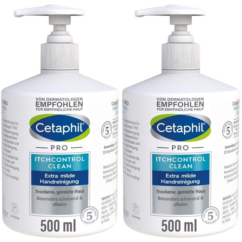 Zwei weiße Flaschen mit Pumpverschluss. Aufschrift: Cetaphil PRO ItchControl Clean. 500 ml. Für trockene, gereizte Haut.