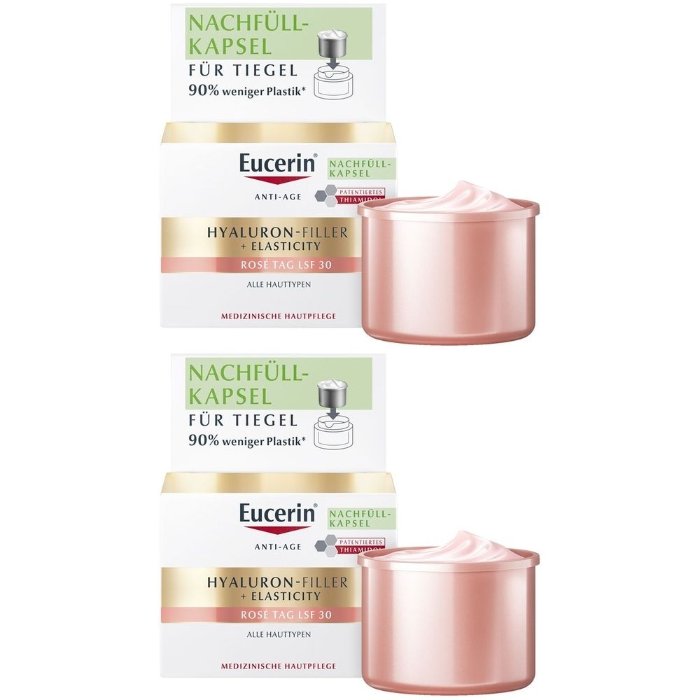 Zwei Packungen und Tiegel. Eucerin Hyaluron-Filler + Elasticity Rosé Tag LSF 30. Nachfüllkapsel für Tiegel. Rosa Creme im Tiegel.
