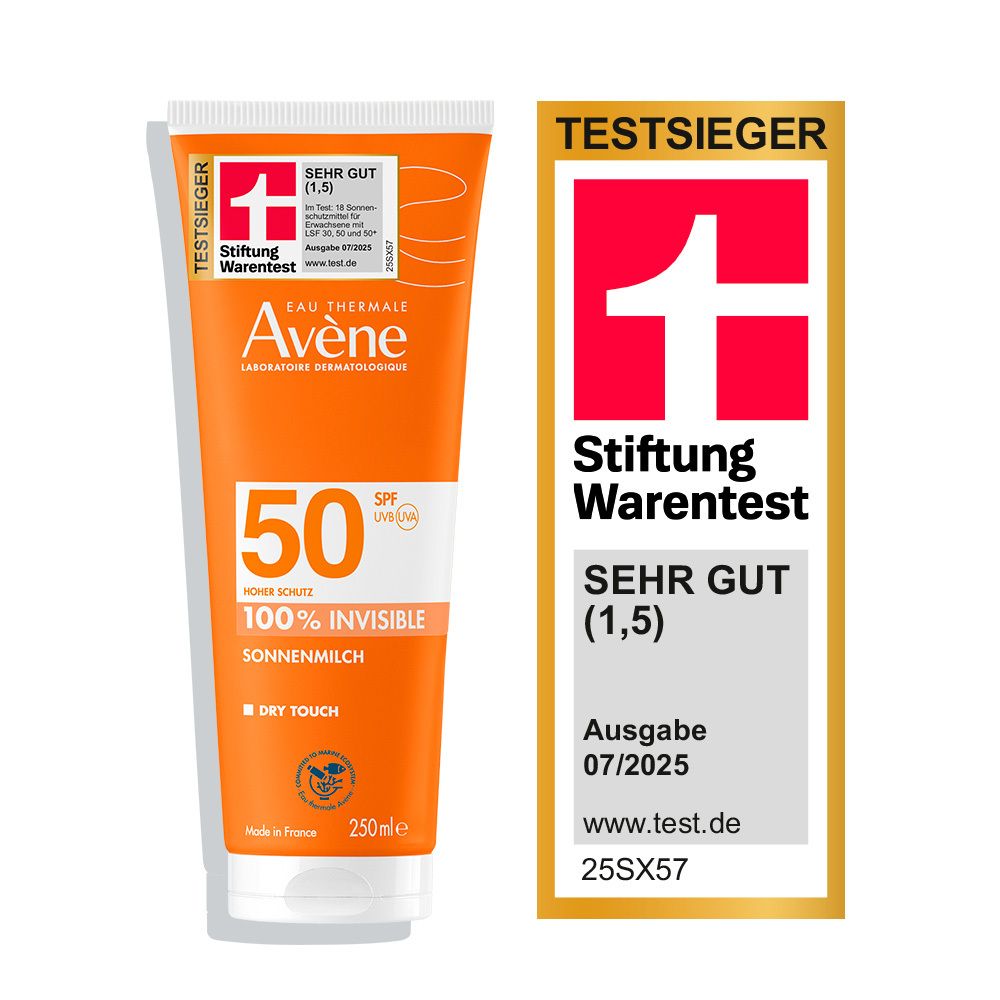Orange Tube Sonnenmilch mit weißem Deckel. Aufschrift: Avène, 50 SPF, 100% Invisible, Sonnenmilch. Rechts: Stiftung Warentest Siegel.