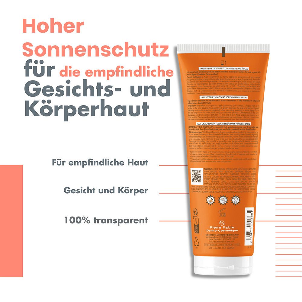 Rückseite einer Sonnenmilch-Tube. Text: Hoher Sonnenschutz für empfindliche Gesichts- und Körperhaut. Für empfindliche Haut, Gesicht und Körper.