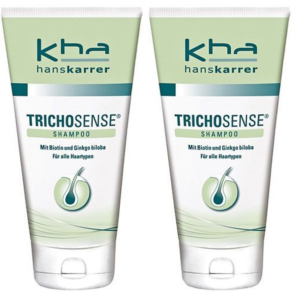 Zwei Tuben TRICHOSENSE® Shampoo. Aufschrift: kha hanskarrer, TRICHOSENSE® Shampoo, Mit Biotin und Ginkgo biloba, Für alle Haartypen.