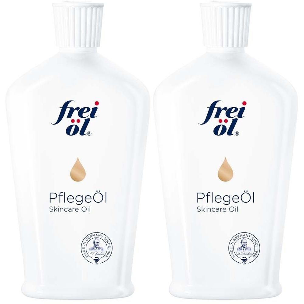 Zwei weiße Flaschen frei öl® PflegeÖl. Aufschrift: frei öl, PflegeÖl, Skincare Oil. Siegel: Made in Germany since 1934.