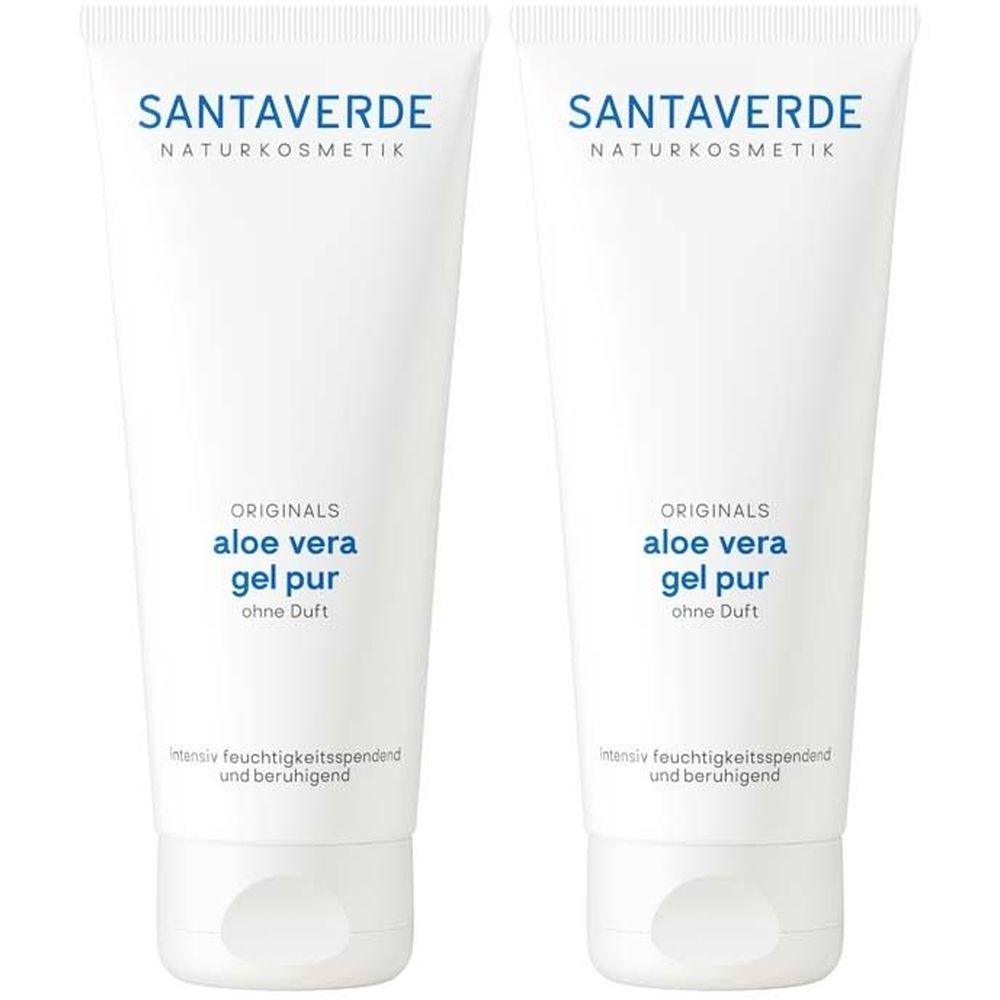 Zwei weiße Tuben mit blauer Schrift. Aufschrift: SANTAVERDE Naturkosmetik, Originals Aloe Vera Gel pur ohne Duft. Text: intensiv feuchtigkeitsspendend.