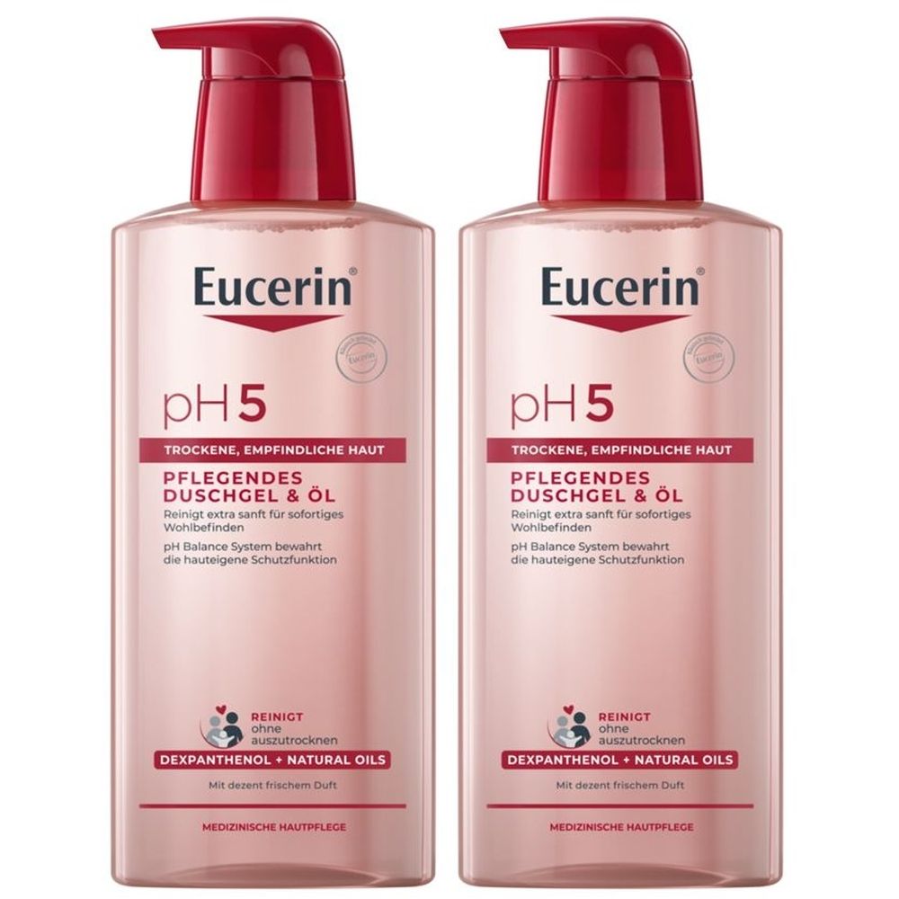 Zwei Flaschen Eucerin pH5 Duschgel & Öl. Rosa Flüssigkeit in transparenten Flaschen mit rotem Pumpkopf. Text: pH5, für trockene, empfindliche Haut.