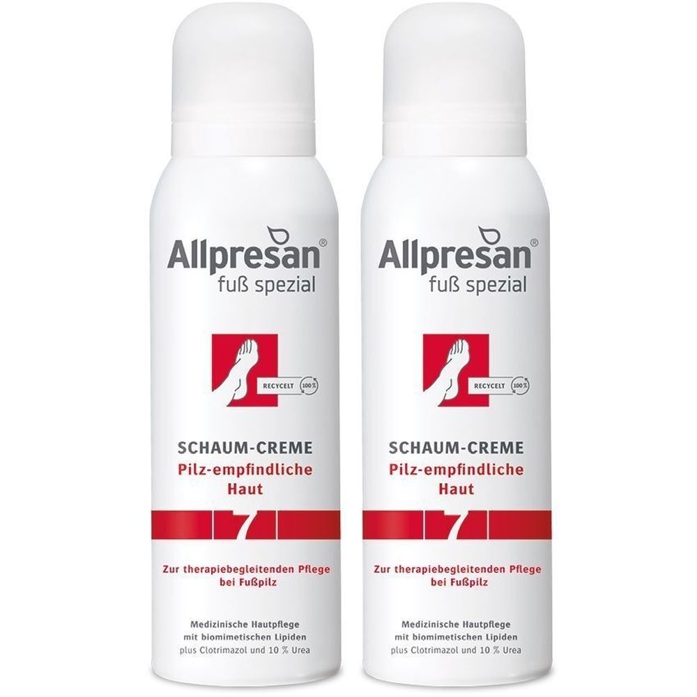Zwei weiße Sprühflaschen mit weißem Deckel. Aufschrift: Allpresan Fuß spezial, Schaum-Creme, Pilz-empfindliche Haut. Rote Grafik mit Fuß.