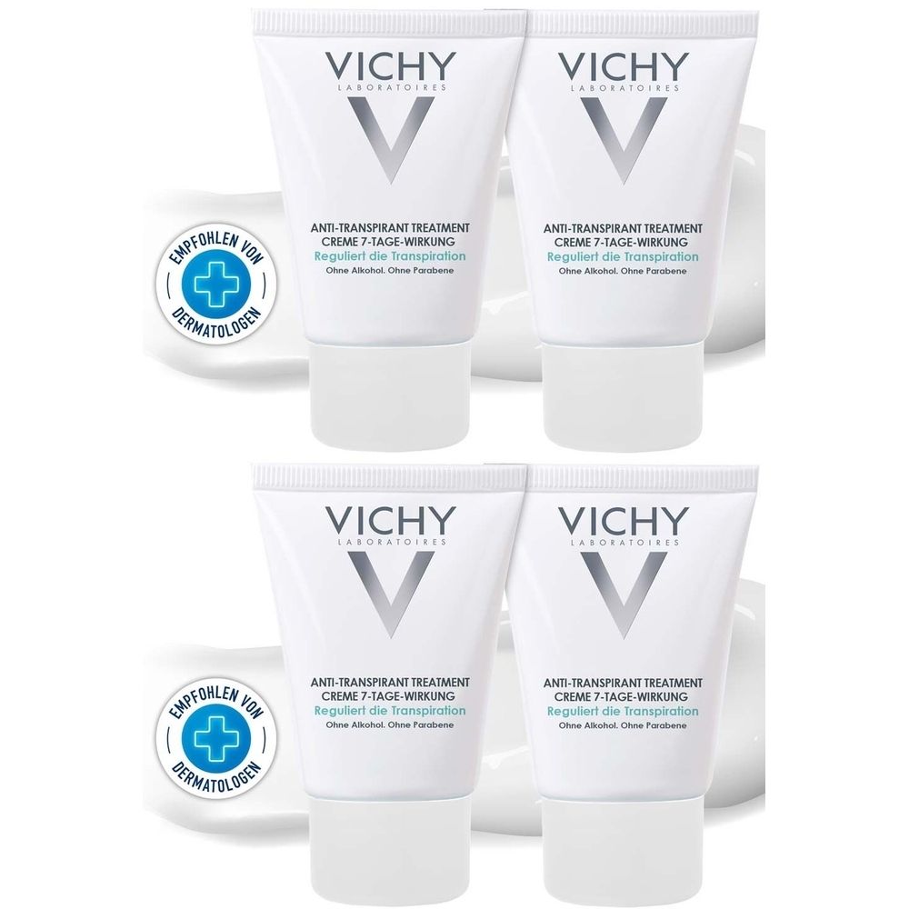 Vier weiße Tuben mit VICHY-Logo und Text. Aufschrift: Anti-Transpirant Treatment Creme 7-Tage-Wirkung. Empfohlen von Dermatologen.