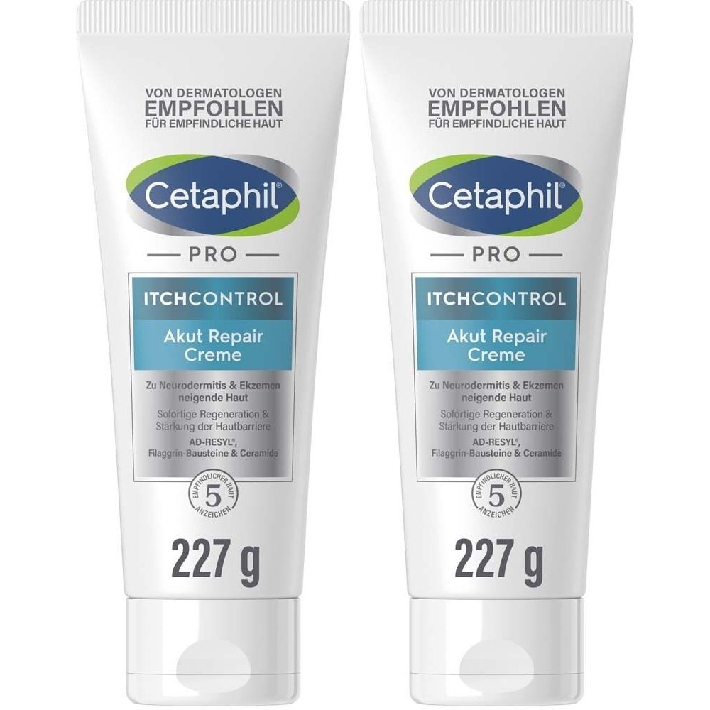 Zwei Tuben Cetaphil Pro ItchControl Akut Repair Creme. Weiße Tuben mit blauer und grüner Beschriftung. 227g.