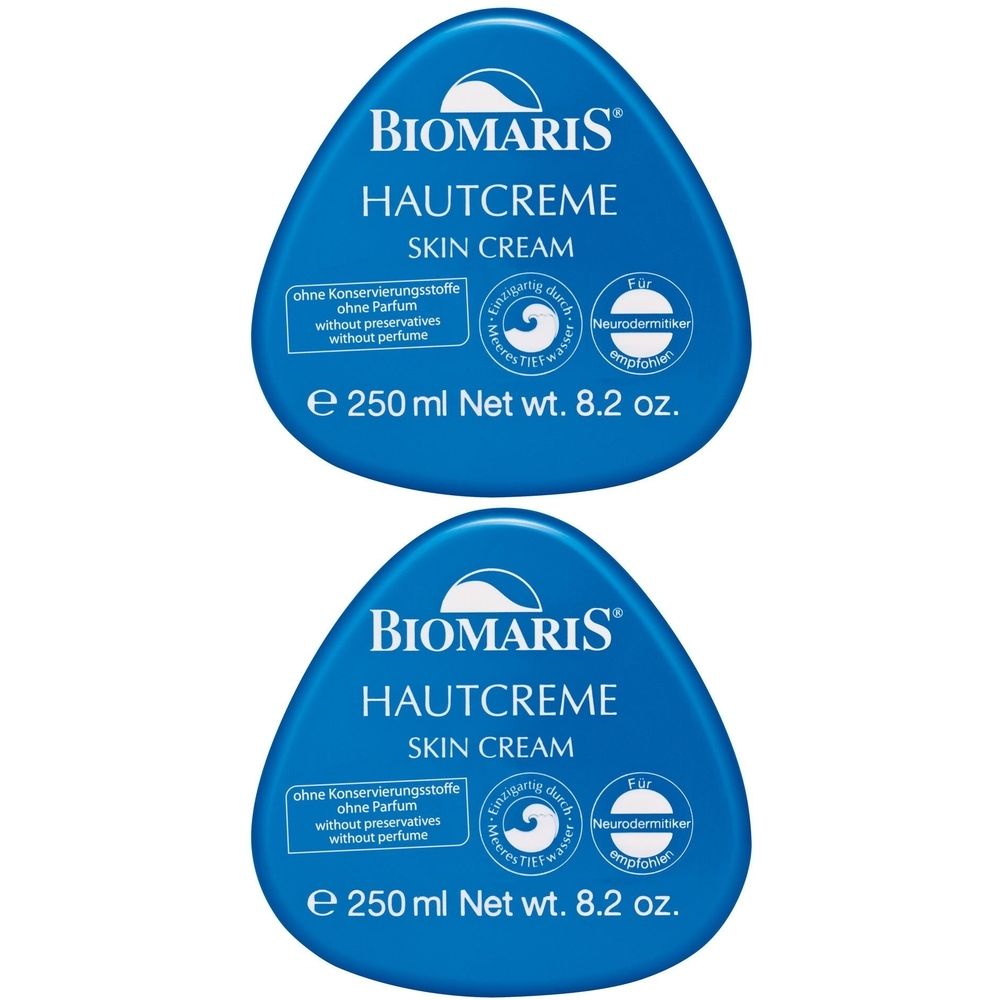 Zwei blaue, tropfenförmige Tuben mit der Aufschrift BIOMARIS Hautcreme. Text: ohne Konservierungsstoffe, ohne Parfum.