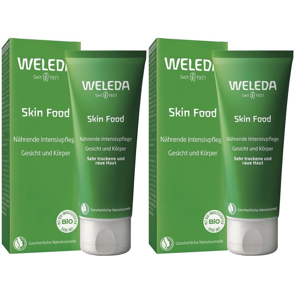 Zwei Tuben und Schachteln. Aufschrift: Weleda Skin Food, intensive Pflegecreme für Gesicht und Körper. Bio-Zertifizierung.